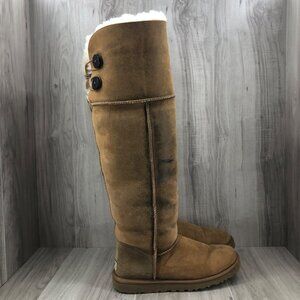 Ugg OTK Boots Womens 8 Bailey Button Bomber Chestnut Suede Lined Over The Knee